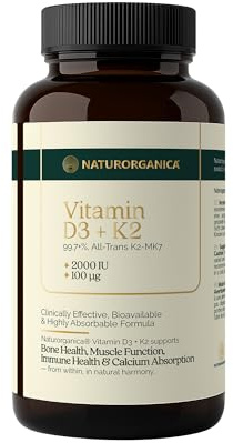 Naturorganica® Vitamine D3 + K2 MK-7 all-trans ≥99,7 % – 2000 UI + 100 µg – Soutient l’immunité, les os, les muscles et les dents – Sans additifs – Testé en laboratoire – Fabriqué en UE
