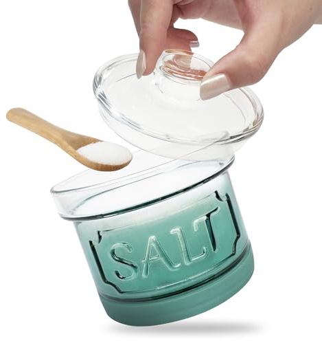 FANQIEW Glass Salt Cellar with Lid Salt Container with Spoon for Countertop Embossed Pattern Salt Box for Storing Sea Salt Flaky Salt Spice 12oz Capacity Holder,Gradient Green