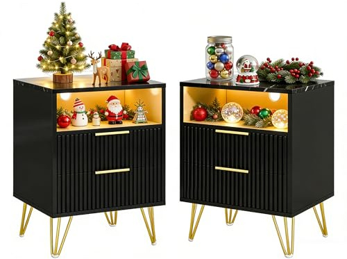 Table de Chevet Lot de 2 avec 2 Tiroirs, Table de Nuit avec Lumière LED, Moderne et Polyvalente Table de Nuit avec Ports USB et Prises électriques pour Salon, Bureau, Chambre (Noir)