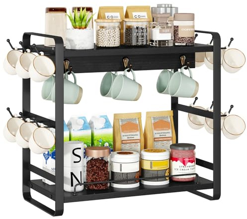 IBUYKE Porta tazze a 2 Livelli,Organizer Tazze da Cucina,Nero TBJ006H | Supporto per Tazze da Appoggio Porta Bicchieri da Caffè di Legno Con 18 Ganci porta tazze per Cucina Ufficio