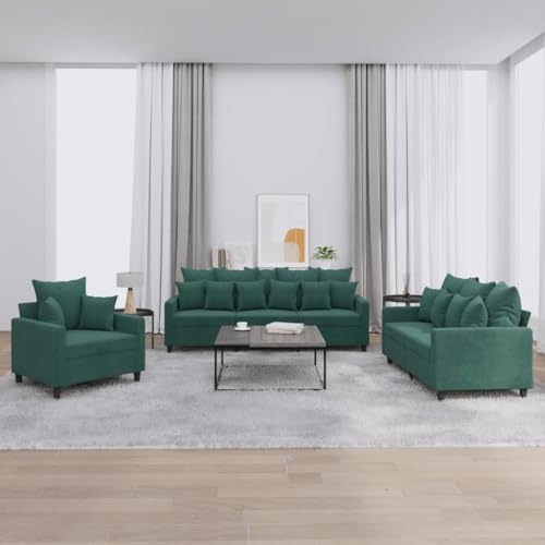 Hoopleep 3-TLG. Sofagarnitur, Dunkelgrün Samt, Robustes Metall-Sperrholzgestell, Bequemes Wohnzimmer Sofa Set mit Kissen, 1 Sessel, 1 Zweisitzer, 1 Dreisitzer