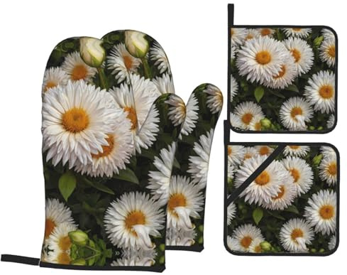 Kitchen Baking 4-teiliges VVXBHGR Kleine Chrysanthemen-Druck-Set mit weichem Futter und dicker Isolierung für Küche Kochen und Grillen im Freien