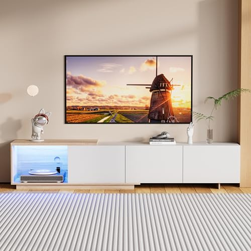 MOTUZP Meuble TV avec 3 tiroirs et compartiment de rangement ouvert, meuble TV pour salon avec éclairage LED, 160-240 cm, meuble TV bas, meuble TV moderne blanc