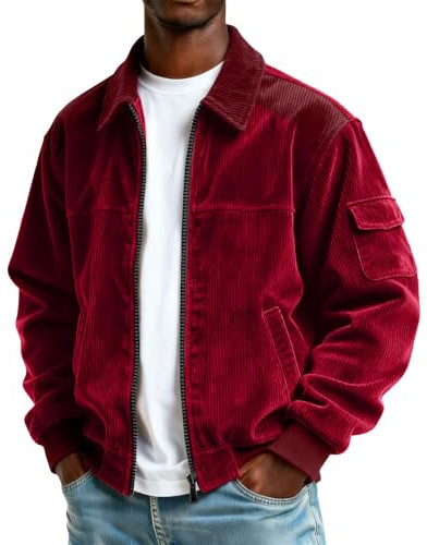 Generisch Veste en velours côtelé pour homme - Col à revers - Avec poches - Simple et chaude - Coupe-vent - Grandes tailles - Veste d'extérieur tendance - Manteau court, Bordeaux (01), 3XL