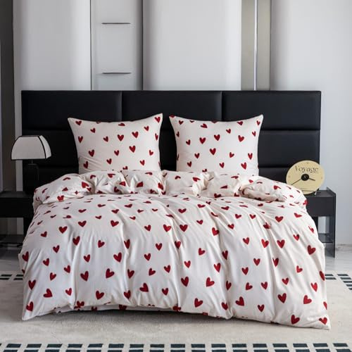 Cotton Market Juego de ropa de cama de 220 x 200 cm y 2 fundas de almohada de 70 x 80 cm con corazones rojos románticos para cama doble de microfibra con cremallera, suave y fácil de limpiar