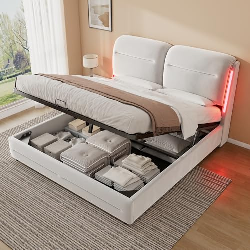 ZUUYEE Doppelbett Polsterbett 140x200 mit Stauraum und LED, Hydraulische Bett mit Kopfteil, Bettgestell mit Metallrahmen Bettkasten und Lattenrost, Samt, Beige, Bett 140x200, ohne Matratze