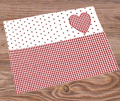 matches21 Tischset Tischwäsche Stoff Landhaus Premium LISE kariert & Borte mit Herz Applikation 33x48 cm - 1 STK Rot
