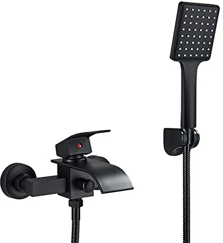 WXDL Badewannenarmatur Matt Schwarz Wannenbatterie Wasserfall Badewanne Wasserhahn Messing Wandhalterung Wannenarmatur Mit ABS Handbrause, Einzelgriff Heiß und Kalt