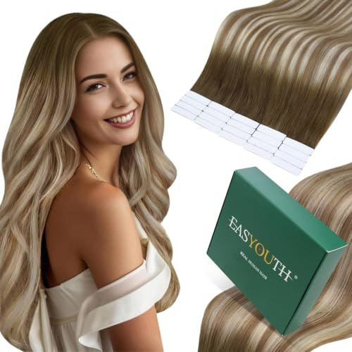 Easyouth Tape in Extensions Echthaar Braun Balayage #3/8/22 30cm | Remy Menschenhaar Tapes Extension Dunkelbraun Aschbraun Ombre Mittelblond, Weiche Textur, 30g, 20stücke
