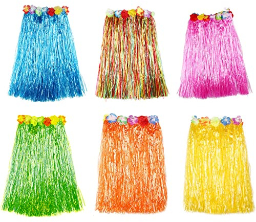 Gukasxi 6 Stück Hawaii Gras Rock Hula Rock Party Bastrock 60cm Lang Elastisch Luau Röcke mit Hibiskusblüten Hawaii Kostüm Set für Beachparty Deko
