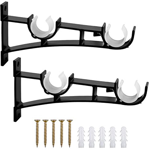 2 Pezzi Staffa per Bastone per Tende, Doppio Supporto per Bastone per Tende, Bastone per Tende Supportato, Accessori per Tende con Viti Nero, Staffe per Aste per Tende, Diametro Asta Adatto 25-32 mm