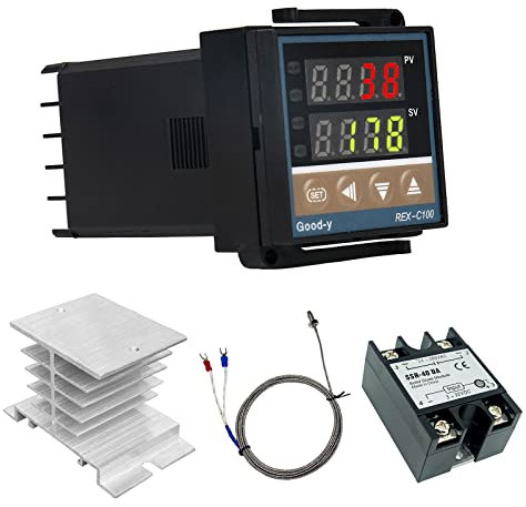 PID Digital Temperaturregler REX-C100, 0 ℃ ~ 1300 ℃ Intelligente Temperaturregler Kits, AC 110V-240V, Digital PID Thermostat mit Halbleiterrelais SSR-40DA, K-Typ Thermoelement und Kühlkörper (E)