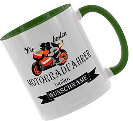 Crealuxe Kaffeetasse - Die besten Motorradfahrer heißen (Wunschname) -Spruchtasse, Bürotasse, bedruckte Keramiktasse, Tasse mit Spruch, Hochwertige Kaffeetasse (Grün)