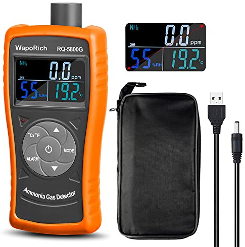 WapoRich Ammonia Gas Detector 0~100 PPM NH3 Monitor Tester, Rechargeable Ammonia NH3 Detector Particle Detector Professional Meter with Temp, Humidity for Poultry, Farm - RQ-5800G