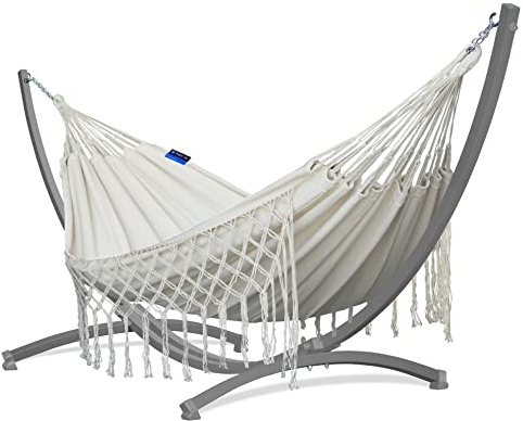 Potenza Outdoor Hängematte mit Gestell für 2 Personen I Medelin Boho- 100% Baumwolle Doppelhängematte 230x160, 200kg I Hängemattengestell 220kg, wetterfest