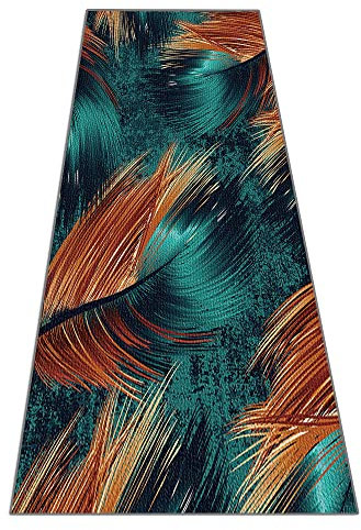 Siunwdiy Teppich Läufer Flur Küche rutschfest Waschbar Türkis Und Orange Schmutzfangläufer 3D Feder Muster Teppichläufer Meterware,Kücheläufer Küchenteppich Polyester Anpassbar,Türkis,100x250cm