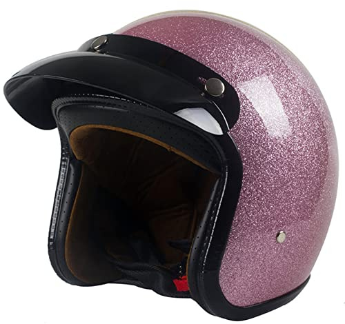 Vintage Open Face Motorradhelm, Retro 3/4 Half Shell Jet Helm, DOT/ ECE Genehmigt Erwachsene Männer Frauen Straße Shiny Moped Roller Motorrad Sommer Helm,Rosa,M