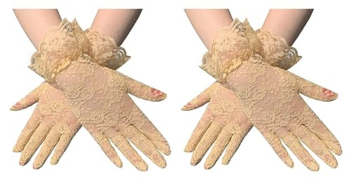COSFAN 2 Pcs Ladies Lace Gloves,Guantes cortos de encaje de novia de la boda del partido del té,Vintage Sheer Floral Lace Wrist Length Gloves for Wome