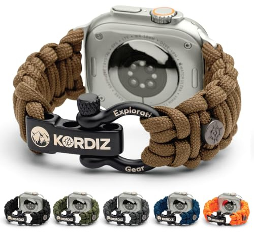 KORDIZ Survivor – Paracord Apple Watch Armband kompatibel mit Apple Watch Series Ultra & 9/8/7/6/5/4/3/2/1/SE – 49 mm, 45 mm, 44 mm, 42 mm, mit verstellbarem Edelstahlbügel, L for Ultra 49mm,