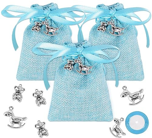 24 Stk Anhänger (2 Muster) + 24 Stk Jutesäckchen Gastgeschenke Jute Beutel Leinensäckchen für Kommunion Konfirmation Taufe Party Geschenk Kindergeburtstag Gäste Geburt Deko Kommuniongeschenke (Blau)
