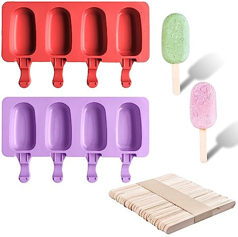 2 Pieces Ice Cream Molds With 50 Wooden Sticks - Silicone Popsicle Mold Set, 4 Oval Cavities for DIY Making (Red, Purple)