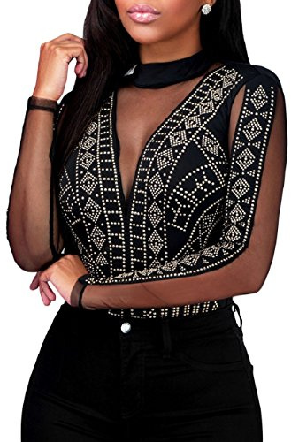 MAYFASEY Damen Bodys Sexy Langarm Mesh Durchsichtiger Jumpsuit Body Top