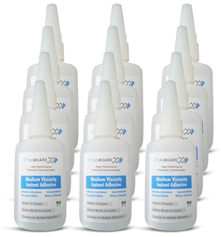 Cyanboard, 12 pièces de 50 g adhésif instantané cyanoacrylate viscosité moyenne. Colle multi-matériaux, modélisme et maquettes, réparations.