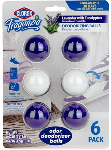 Clorox Fraganzia Deodorizing Balls with Lavender and Eucalyptus Scent, Battery-Free Shoe and Small Space Odor Eliminator with Up to 30 Days of Freshness, 6 Count Pack