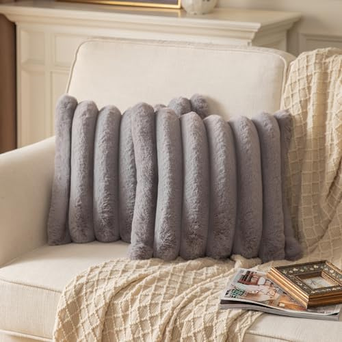 Yaertun 2er Set gestreifte Kissenbezug 40x40cm Grau dekorative Kissenbezüge Sofakissen Dekokissen Wurfkissenbezug zierkissenbezug plüsch Kunstfell Kissenhülle Schlafzimmer Wohnzimmer