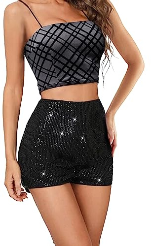 Caziffer Pailletten-Shorts für Damen, mittlere Taille, elastisches Band, glitzernd, gerades Bein, Nachtshorts, Glitzer, warm für Party, Tanz, Schwarz , L