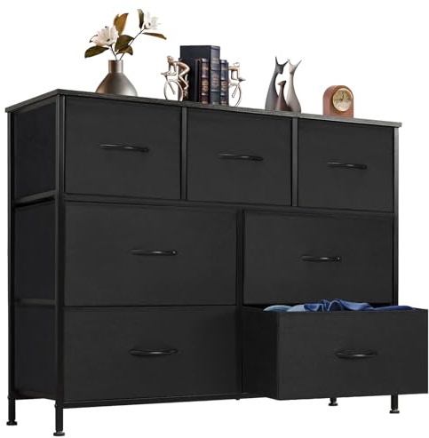 DUMOS Kommode für Schlafzimmer mit 7 Stoffschubladen, hohe Kommode Organizer für Kleidung, Schrank Kinderzimmer, Aufbewahrungsturm mit Schrank, Metallrahmen, Holzplatte, leichte Kinderzimmermöbel