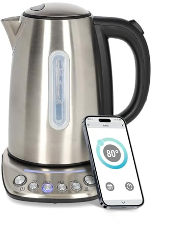 Nedis KAWK8000WIFI SmartLife Wasserkocher - Wi-Fi Steuerung - 1,7 l Edelstahl - 2200 W - Temperaturanzeige - 360 Grad drehbar - Strix Controller - Android iOS - Silber