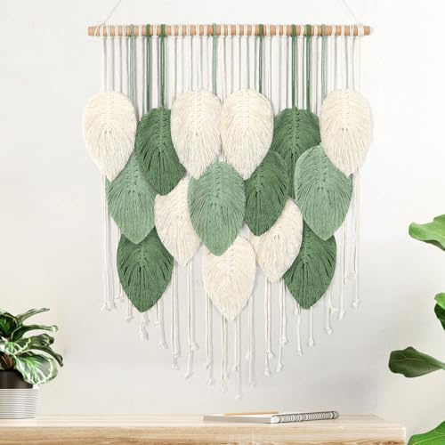 Weldomcor Macrame Wall Hanging, Boho Leaves Macrame Tapestry Wall Decor Handmade Green Woven Hanging Decor Chic Bohemian Wall Art Home Decoration for Bedroom Living Room Nursery Office 23.6W x 29.5L