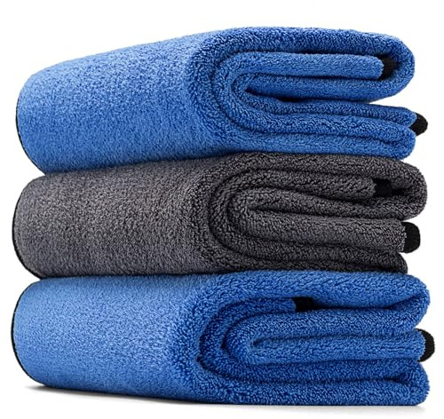 FINTERRY Mikrofasertücher Auto 3 Stück 600 GSM Poliertuch Lackpflege - extrem saugstark und schonend weich für die Pflege von Auto und Motorrad Trocknen Polieren - 60 x 40 cm - 3PCS Blau