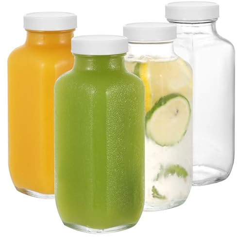 LIMILI Bottiglie in vetro con coperchio, 4 bottiglie di succo in vetro da 500 ml, riutilizzabili, a bocca larga, con coperchio, bottiglie in vetro trasparente per latte, bevande calde e fredde,