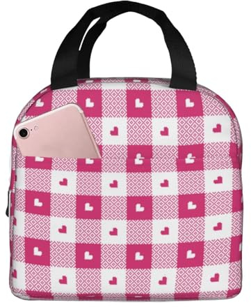 Loncheras aisladas para hombres y mujeres, trabajo, bolsa térmica suave con corazón a cuadros rosa intenso para viajes, a prueba de agua, lonchera pequeña para adultos, para hombres y mujeres, bolsa