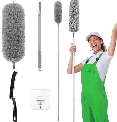Staubwedel Teleskop Waschbar, Staubwischer Mikrofaser Extra lang 2.5m Biegbar Eckbesen mit Mini Fugenbürste Spinnenwebenentferner für Lücken Decken Spinnweben Grau