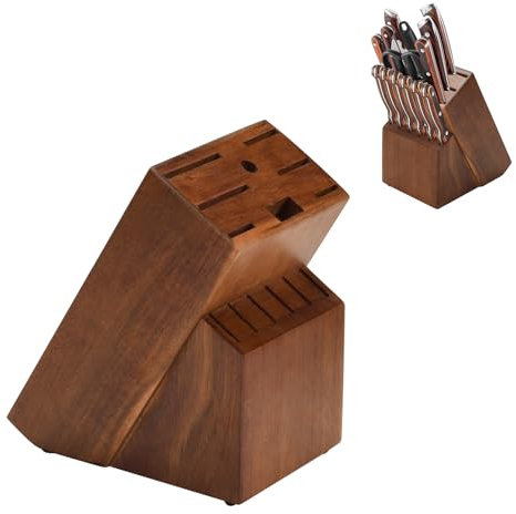 Wood Kitchen Knife Block Without Knives, Universal Knife Holder - 14 compartments, Upright Design Saves Space on The Kitchen Cupboard, Holds Scissors and Knife Sharpening Sticks