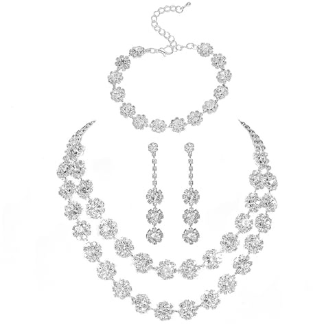 AOWVUTS Parure Gioielli Sposa per Donna Cristallo Collana Elegant Strass Orecchini Pendenti con Bracciale Set Matrimonio Fidanzamento Set di Gioielli Argento da Sposa per Damigella d'Onore