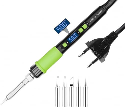 YEEHONEC Saldatore a Stagno 90W LCD Riscaldamento Rapido 180-500°C, Standby Automatico，con 5 Testine,Kit Saldatore Principianti