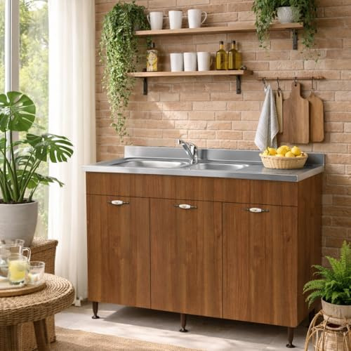 Linea Azzurra Sottolavello 120 Solo Mobile Cucina con 3 Ante in Legno Made in Italy H85xL120xP50 cm Facile da Montare (Vasca a Sinistra, Noce Antico)