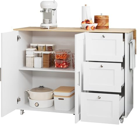DRIXNO Mobiler Küchentisch, Arbeitsplatte aus Eichenholz, Klappbares Design, Multifunktionaler Schrank, 3 Schubladen, Handtuchhalter, Weiß Geeignet für Küche, Esszimmer, Haus