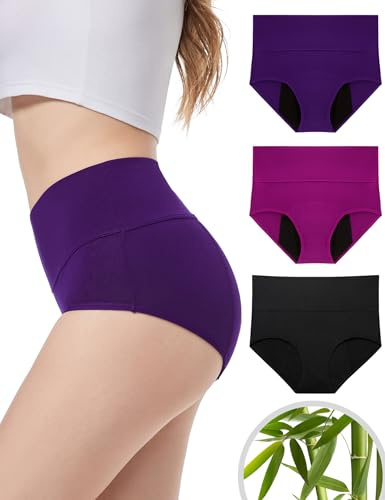 EcoPeriod Periodenunterwäsche für Frauen und Teenager, starker Blutfluss, hohe Taille, postpartale Unterwäsche, Menstruationsunterwäsche, auslaufsicher, Periodenhöschen, 3er-Pack # Schwarz + Lila +