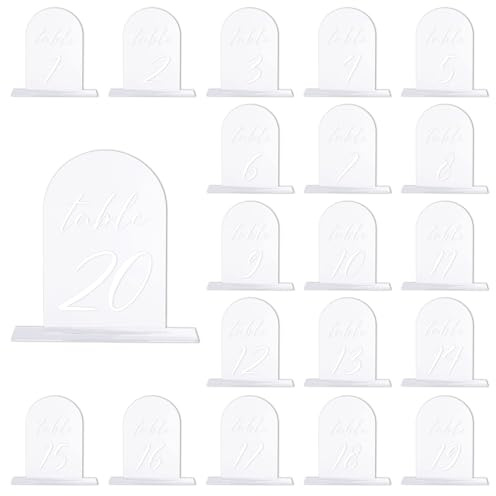 PATIKIL Numéros de Table Mariage 1-20, 15x10cm Support Plaque de Numéro de Table Acryliques pour Marque Place Mariage Fête Anniversaire Réceptions Événements, Fond Transparent Texte Blanc