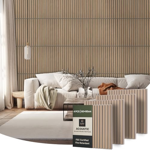 CLICK-DECK Holzwandpaneele | Premium Akustikwandpaneele | Lamellenwandverkleidung | Schallabsorbierend | Feuerhemmende & FSC Holzpaneele für Wände | 4 Stück Paneele - 60x60cm (Eiche Natur | Grauer