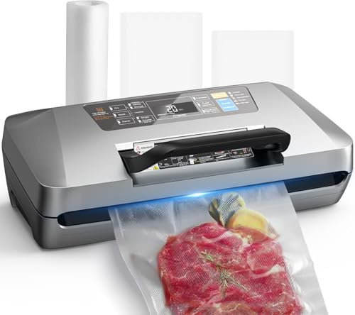 DXstring Vacuum Sealer Machine, 95kPa Food Vacuum Sealer Machine with Double Heat Seal, Vacuum Pack Machine with Built-in Cutter and Bag Storage, 1 Bag Roll and 10 Pre-cut Bags