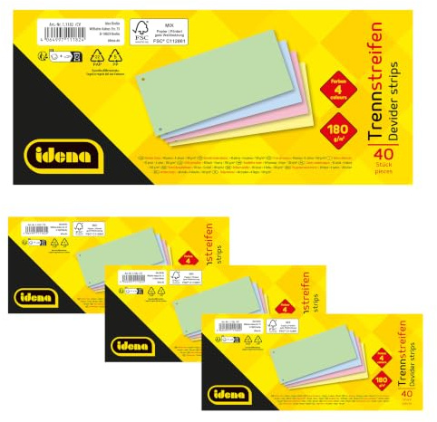 Idena 90277 - Trennstreifen, 160 Stück gelocht, Register aus 180 g/m² FSC-Mix Papier in 4 Farben, für Schule und Büro