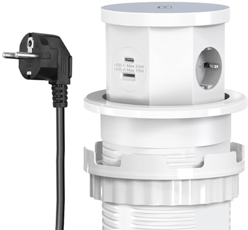 CHENGPI Presa a Scomparsa ad Incasso di Tipo Lift con Ricarica Wireless, Multipresa a Scomparsa con Prese, USB, Tipo C, Ciabatta Salvaspazio per Cucina, Ufficio e Piano di Lavoro