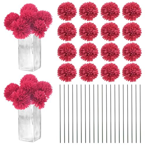 M METERXITY 30-Pack 11 inch Artificial Chrysanthemum Ball Flowers, Rose Red | Faux Chrysanthemum, Silk Bouquets, Real Touch Faux Flowers, For Home, Wedding, Christmas, Party