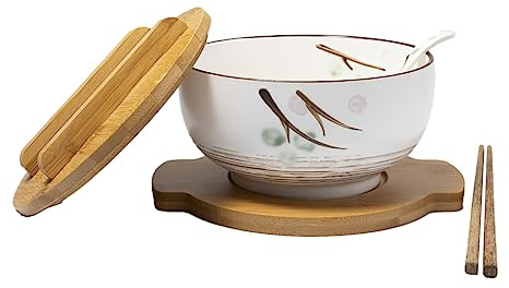 lachineuse - Cuenco grande de porcelana asiática - Sopa y fideos - Color blanco ⌀ 16 cm - Estilo zen japonés - Capacidad 1000 ml - Cuchara, palillos y soporte - Decoración de regalo de vajilla japones